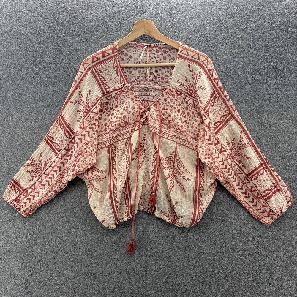 Free People Top Women Small Cream Red Tassel Tie Boho Cotton Gauze Peasant Crop